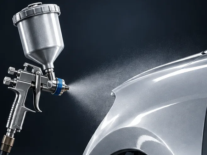 Spray gun applying color-matched paint to a fender at Glenbard Auto Body in Lombard, IL