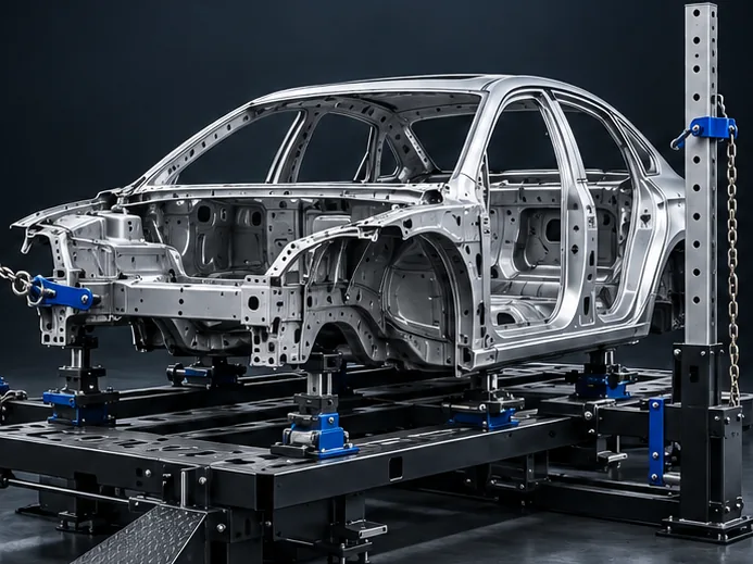 Vehicle unibody anchored to a frame straightening bench at Glenbard Auto Body in Lombard, IL