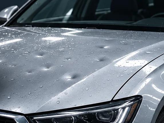 Hail dents across the hood of a silver car awaiting repair at Glenbard Auto Body in Lombard, IL
