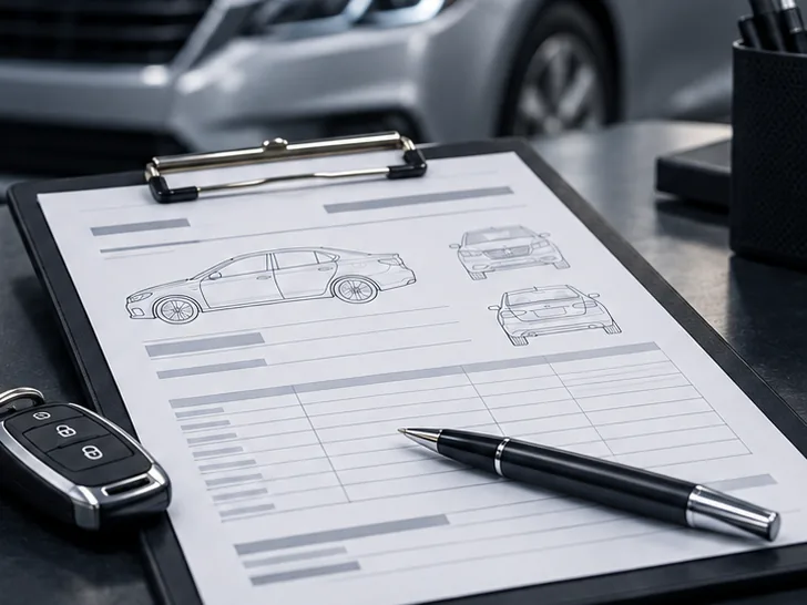 Vehicle damage estimate on a clipboard with car keys for an insurance claim at Glenbard Auto Body in Lombard, IL