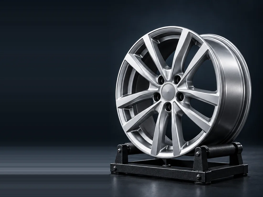 Refinished alloy wheel on a repair stand at Glenbard Auto Body in Lombard, IL